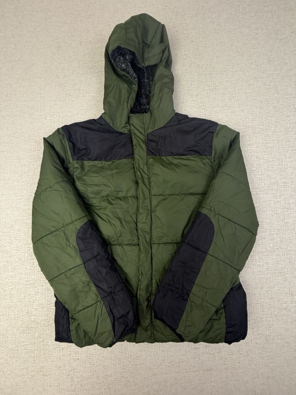 Wonder Nation Girls XXL 18 Puffer Jacket Moss Green Black Hooded Fleece Lined